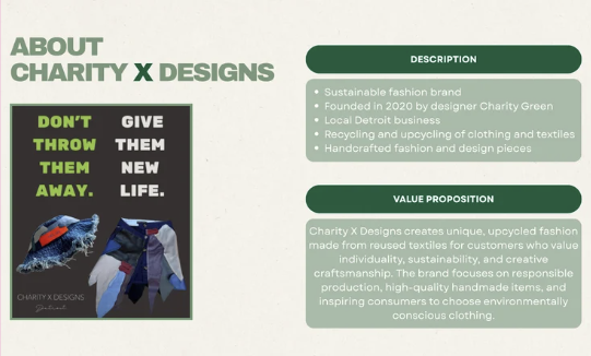 Brand overview slide for Charity X Designs showing the description and value proposition