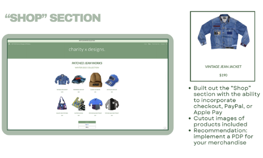 Mock shop section of the Charity X Designs website
