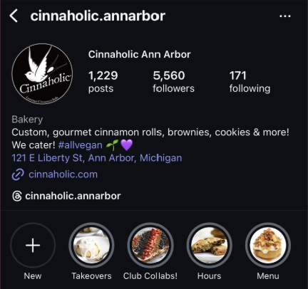 Redesigned Cinnaholic Ann Arbor Instagram profile